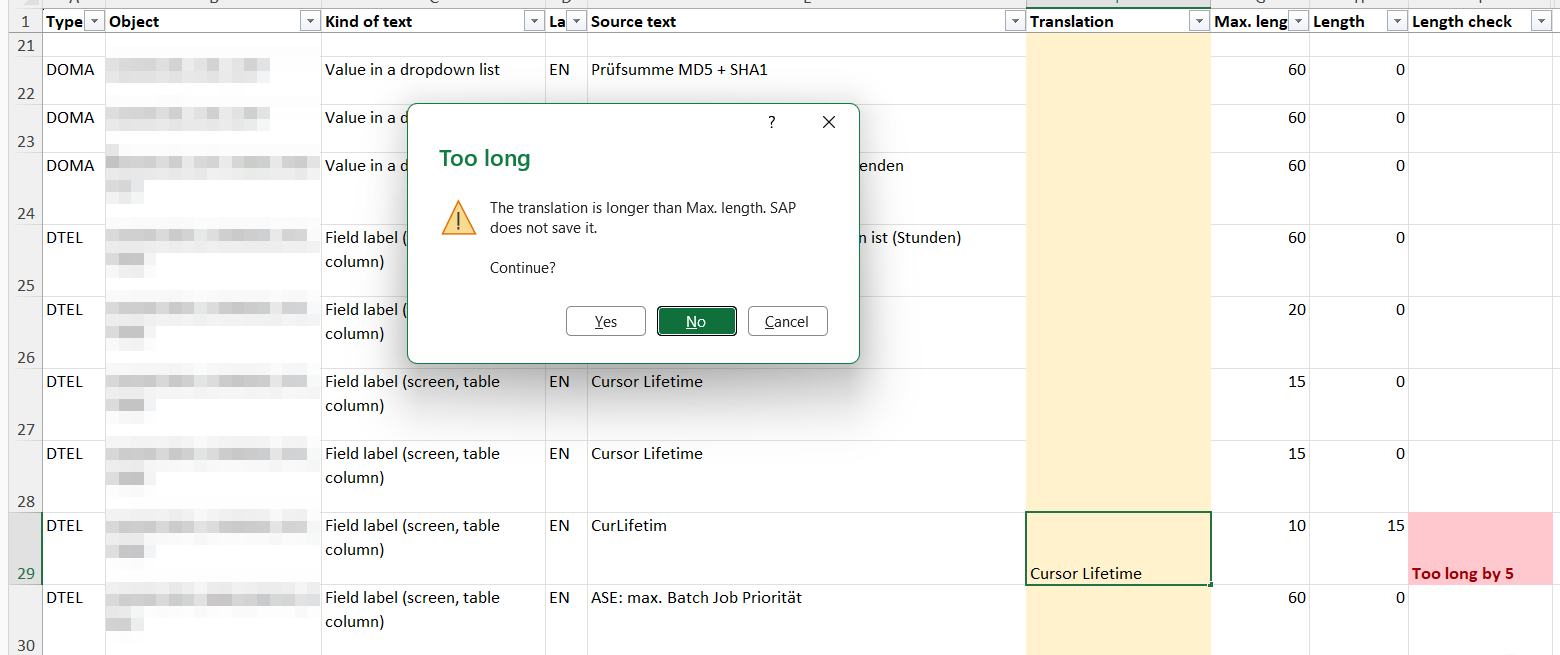 The downloaded Excel file with a length warning